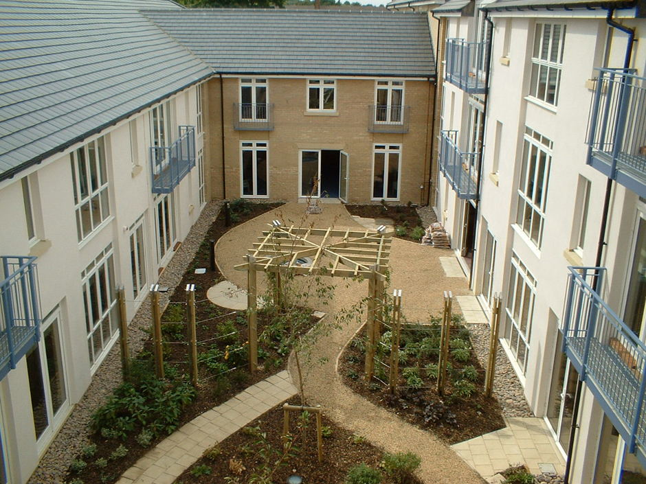 looking down at outdoor communal area